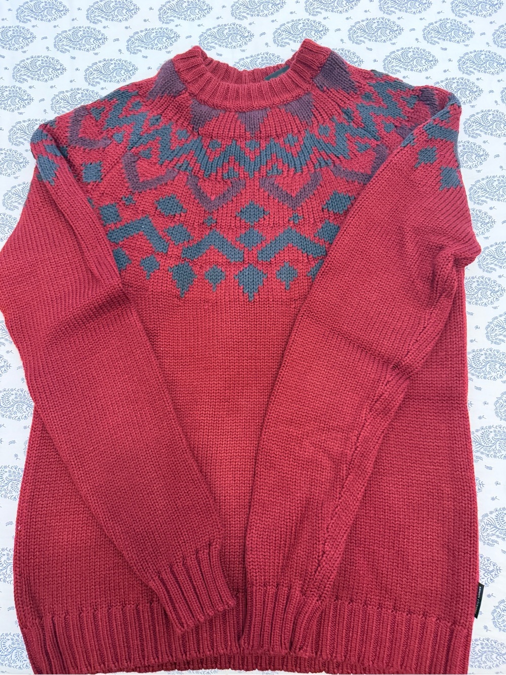 Armani Exchange Red Crewneck Sweater with Gray Patterned Yoke